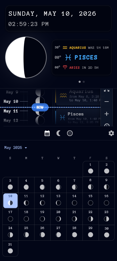 Kairos — month calendar showing the Moon's phase for every day